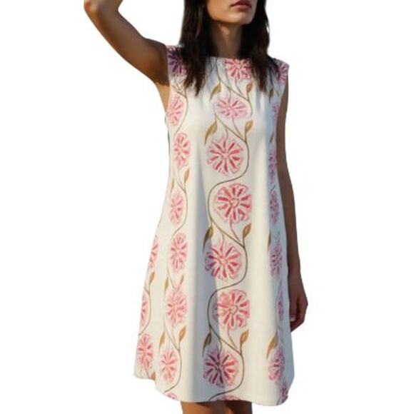 Commense Size XS Mini Shift Dress White Pink Floral Crew Neck Sleeveless Stretch - Picture 1 of 8